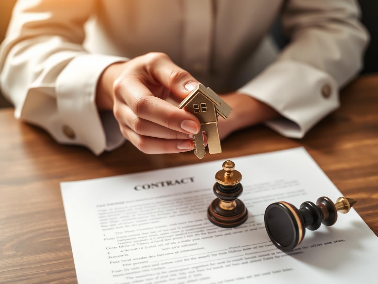 Hands handing over house keys atop a contract with a notary stamp
