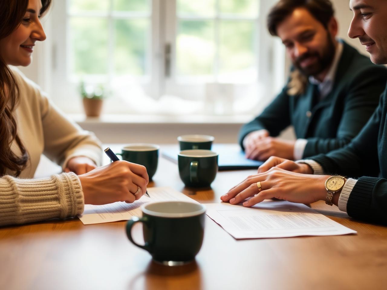 Family reviewing and signing estate planning documents at home