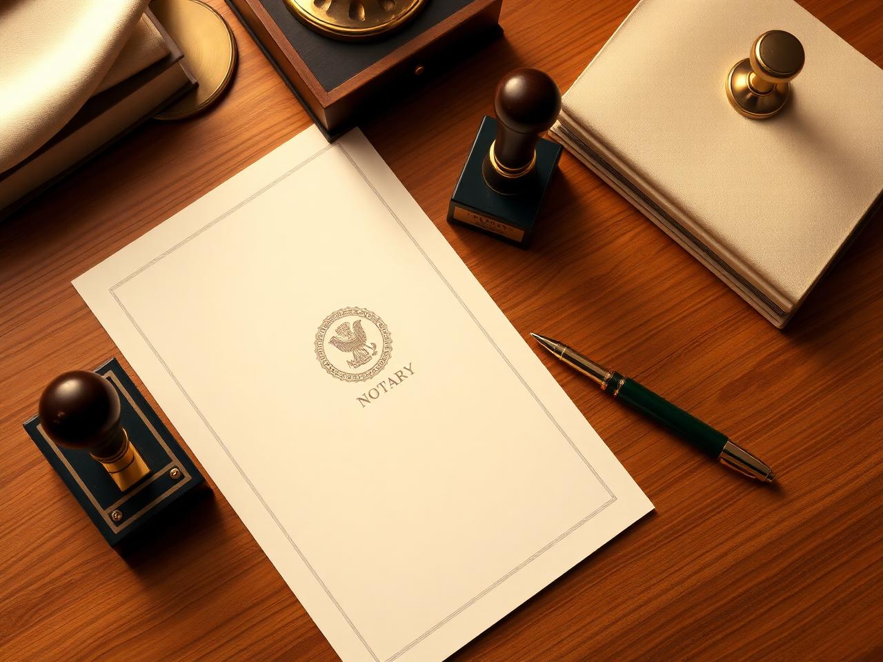 Notary stamp, embosser, and pen on a wooden desk